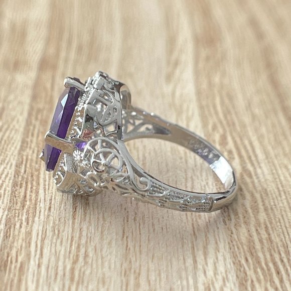 Radiant Cut Simulated Amethyst Art Deco Filigree Ring - 925 Sterling Silver - Picture 2 of 5